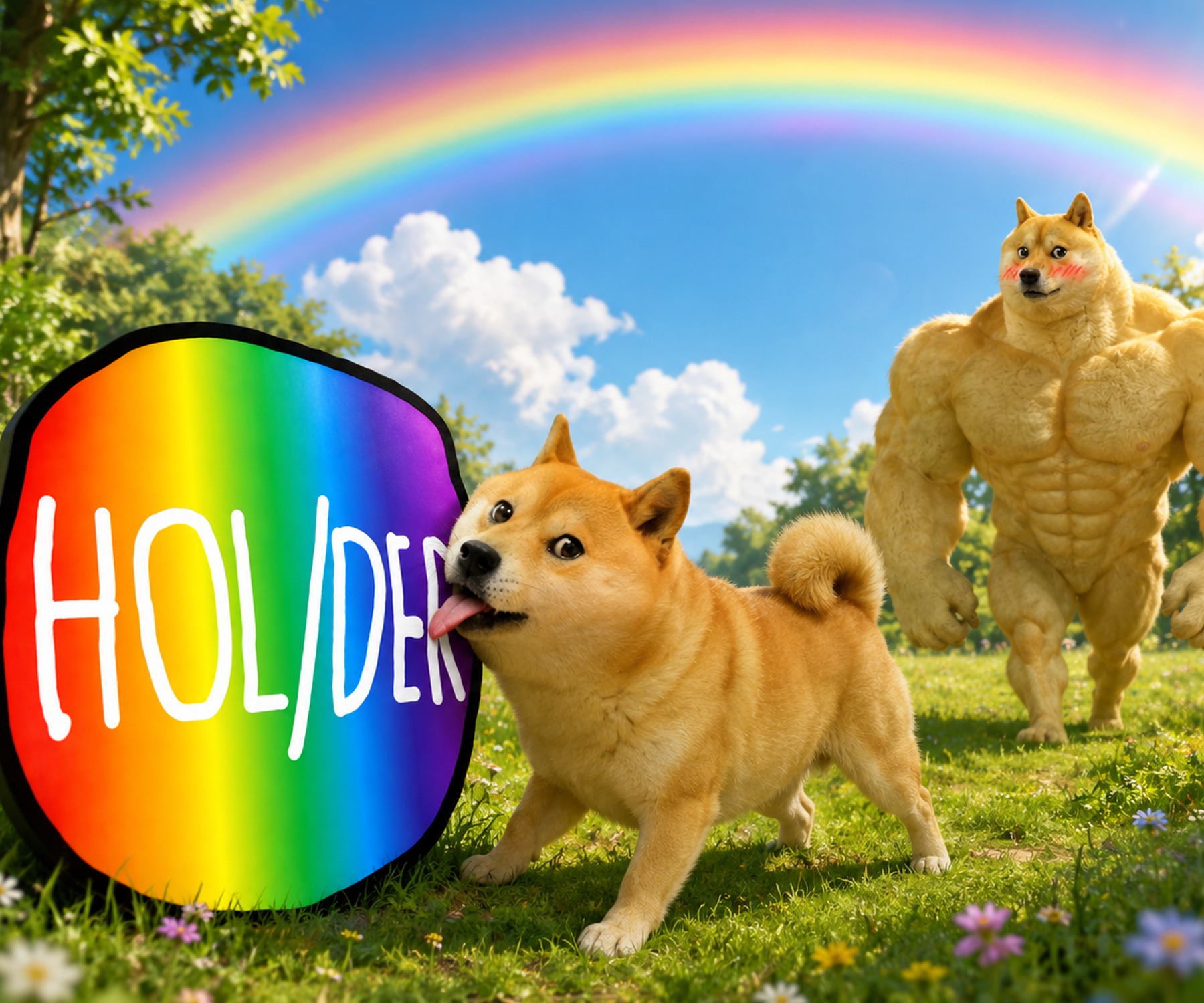 A doge licking the HOL/DER sign while a buff doge approaches under a rainbow