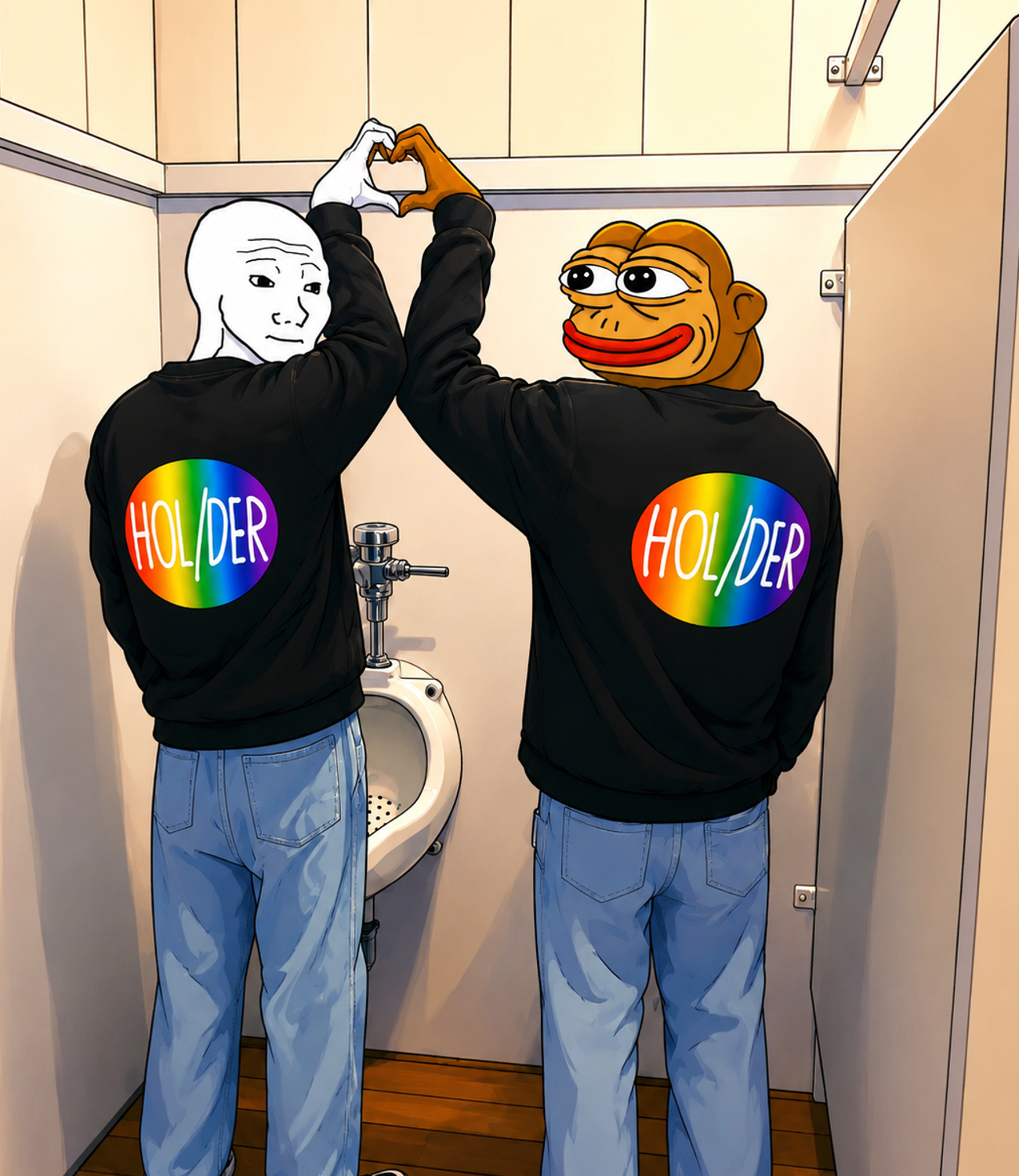 A wojak and Pepe in HOL/DER hoodies making a heart with their hands