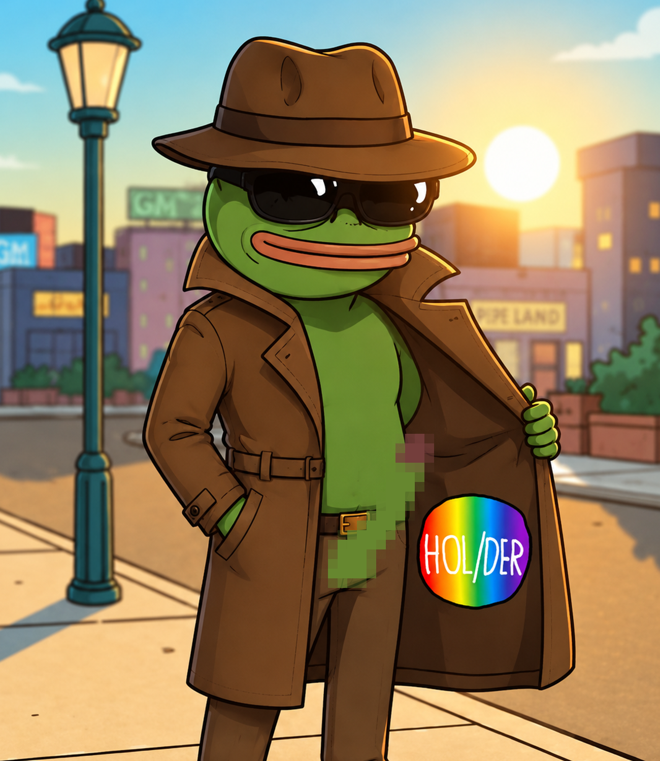 Pepe the detective flashing the HOL/DER rainbow sticker