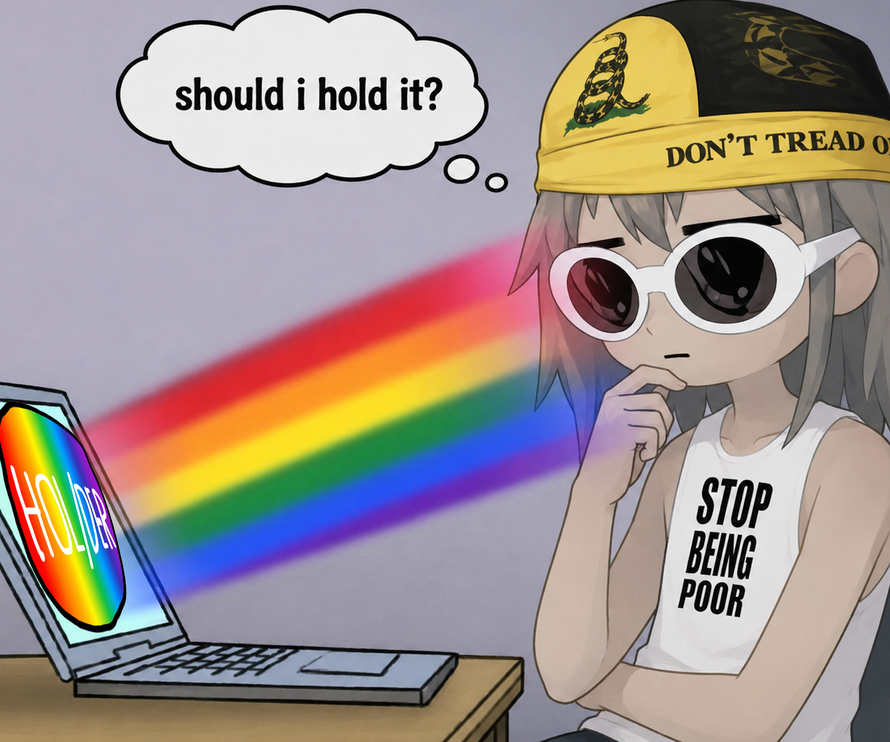Anime holder staring at a laptop wondering if they should hold it